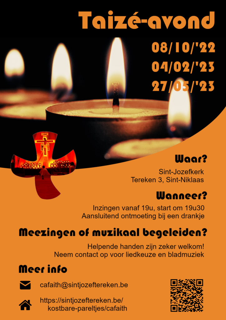 Affiche Taizégebed Tereken-kerk op 8/10/22, 4/02/23 en 27/05/23